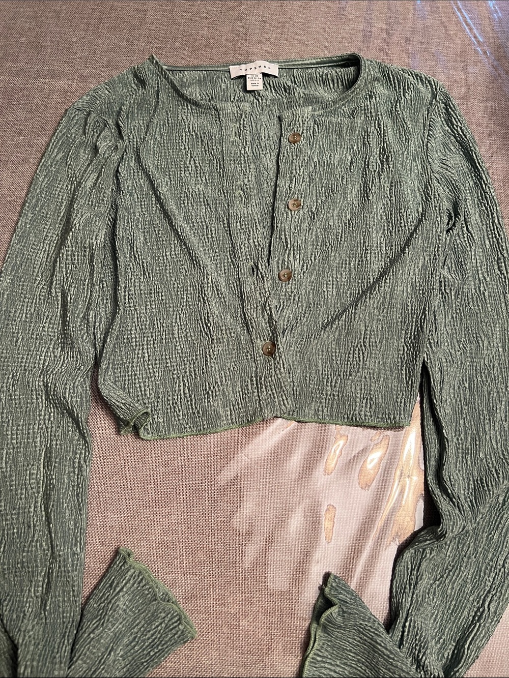 Topshop Crinkled Sage Green Button Crop Top